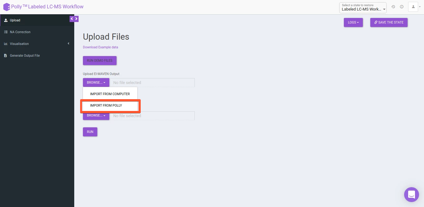 Upload data from project files for Labeled LC-MS app