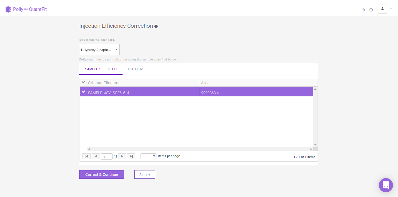 Select internal standard metabolite and a sample for injection efficiency correction. 