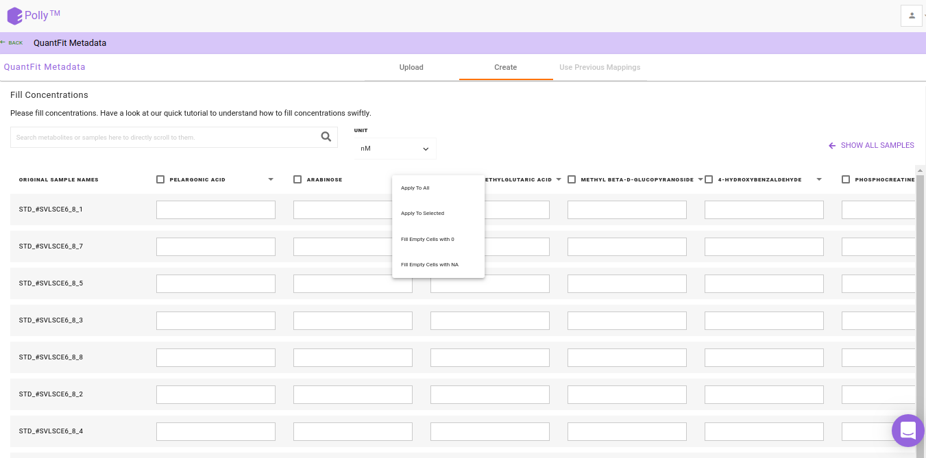 Enter concentration values for all the standard samples across all metabolites in a few clicks