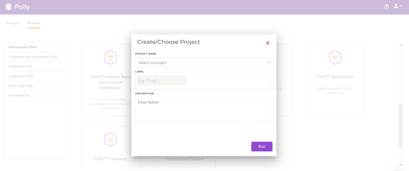 Polly Dashboard and Project selection