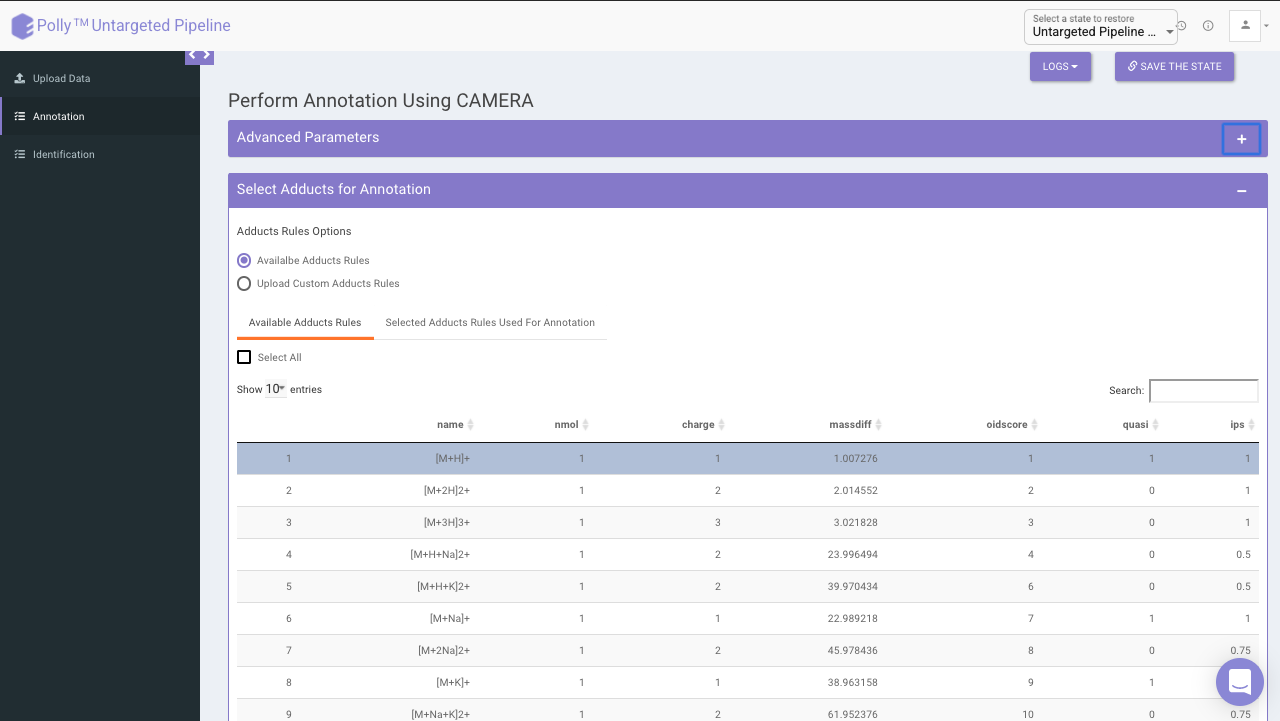 Select adducts for annotation